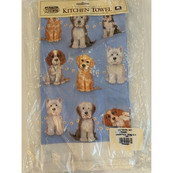 Fiddlers Elbow Dog Puppies Portraits Flowers Blue Kitchen Dish Towel Vtg NEW - Picture 3 of 4